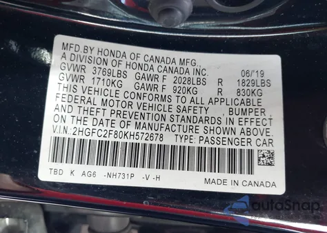 2019 Honda Civic Sport from USA, damaged, VIN 2HGFC2F80KH572678